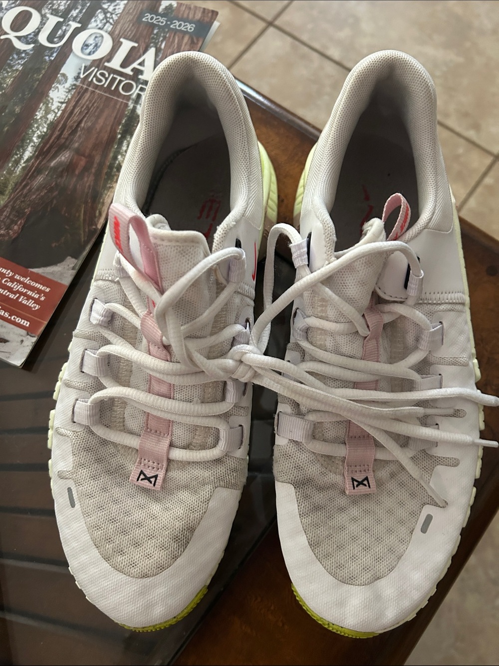 Nike Women’s White Athletic Sneakers with Pink and Neon Yellow Accents